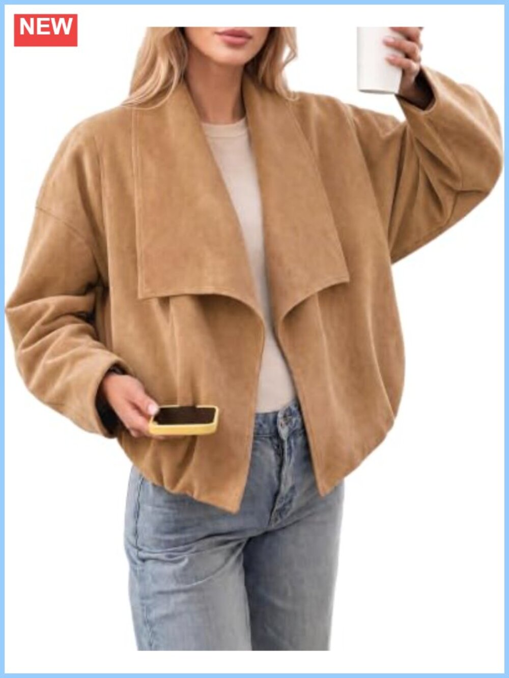Faux Suede Cropped Open Front Jacket Wide Lapel Oversized Casual Coat